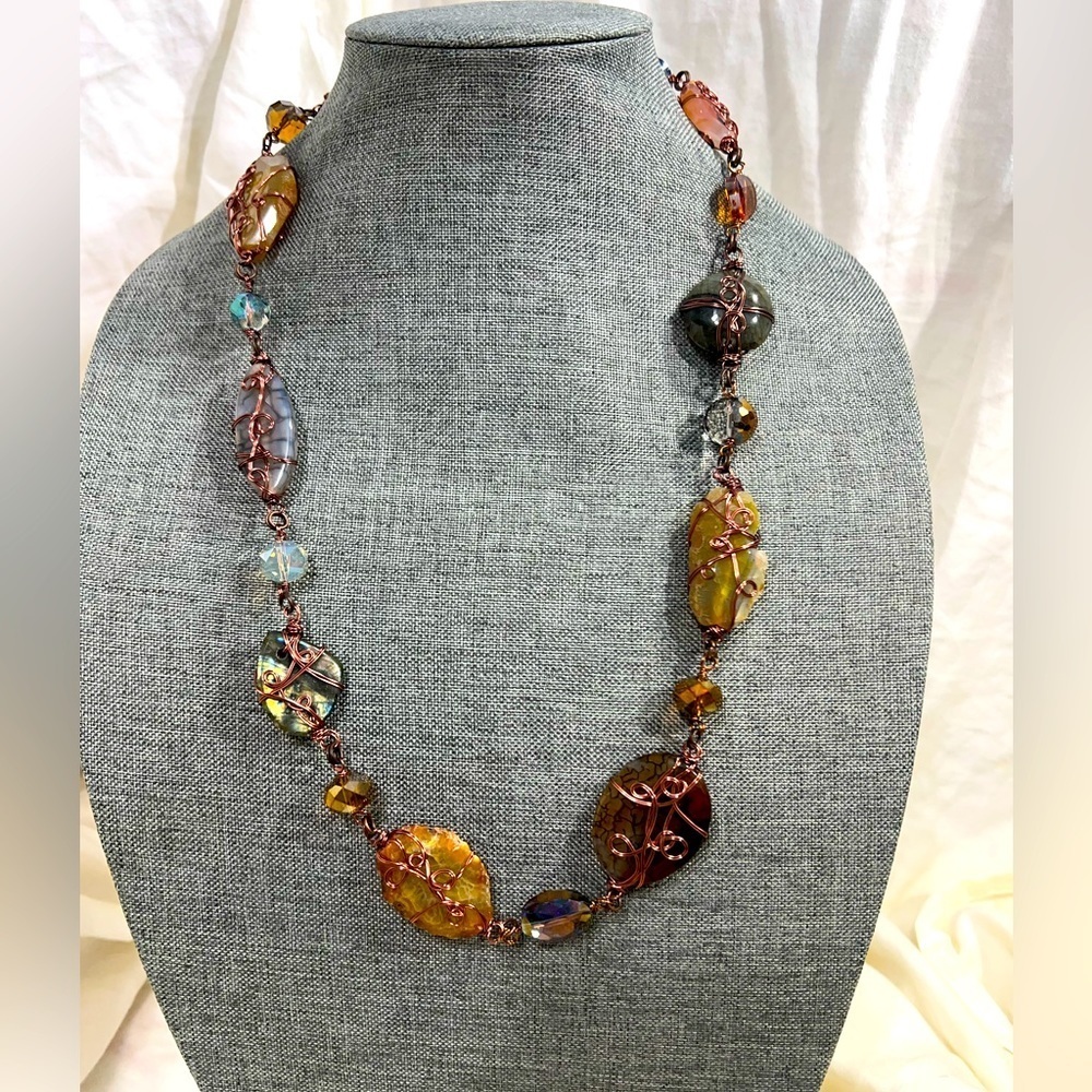 Wire Wrapped Necklace Handmade With Crystals of Various colors, Measures 24”☑️